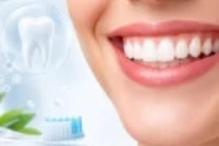 Healthy teeth and gums with toothbrush and dental care elements