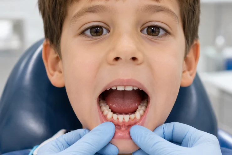 Child with shark teeth showing permanent teeth growing behind baby teeth