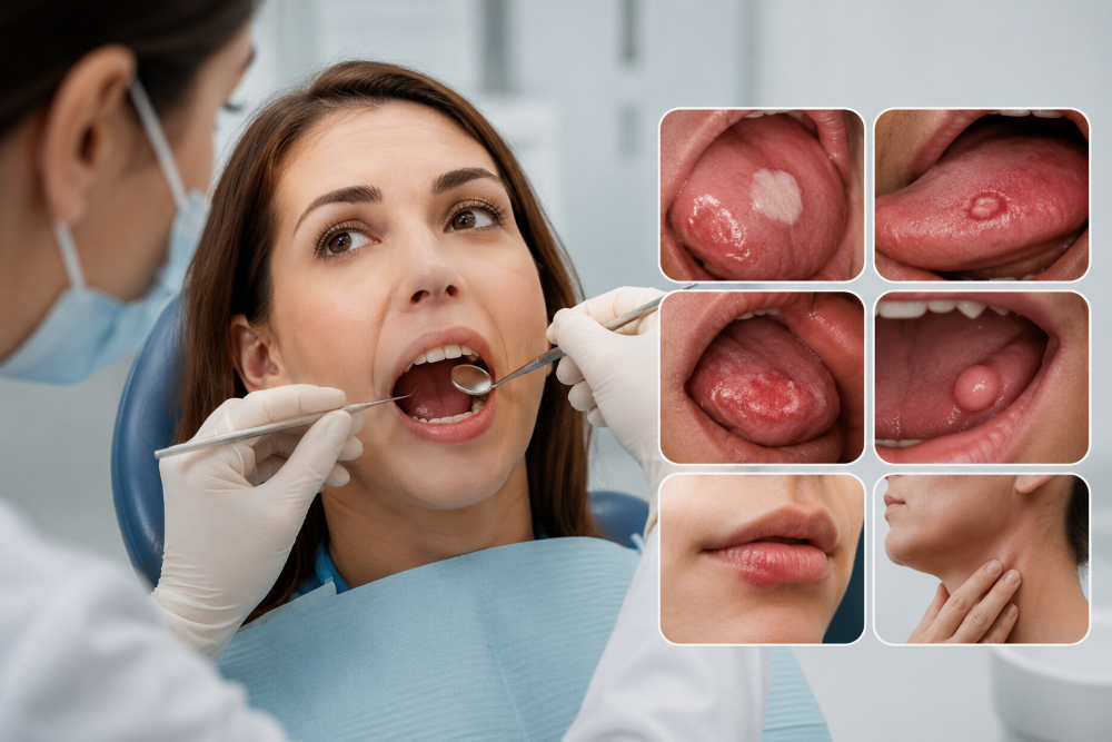 Dentist performing an oral cancer screening while examining the patient's mouth for persistent sores, white patches, lumps, and abnormal tissue changes.