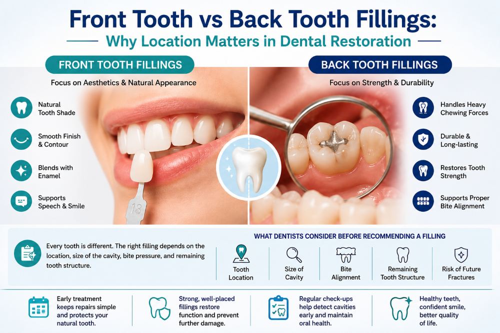 Dental infographic comparing front tooth fillings and back tooth fillings with focus on appearance, strength, bite pressure, and tooth location
