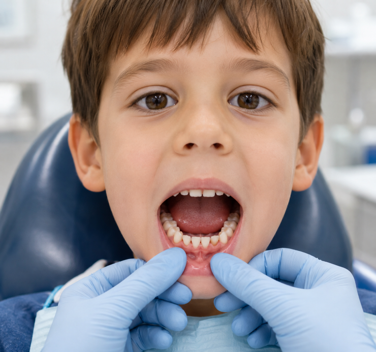 Child with shark teeth showing permanent teeth growing behind baby teeth