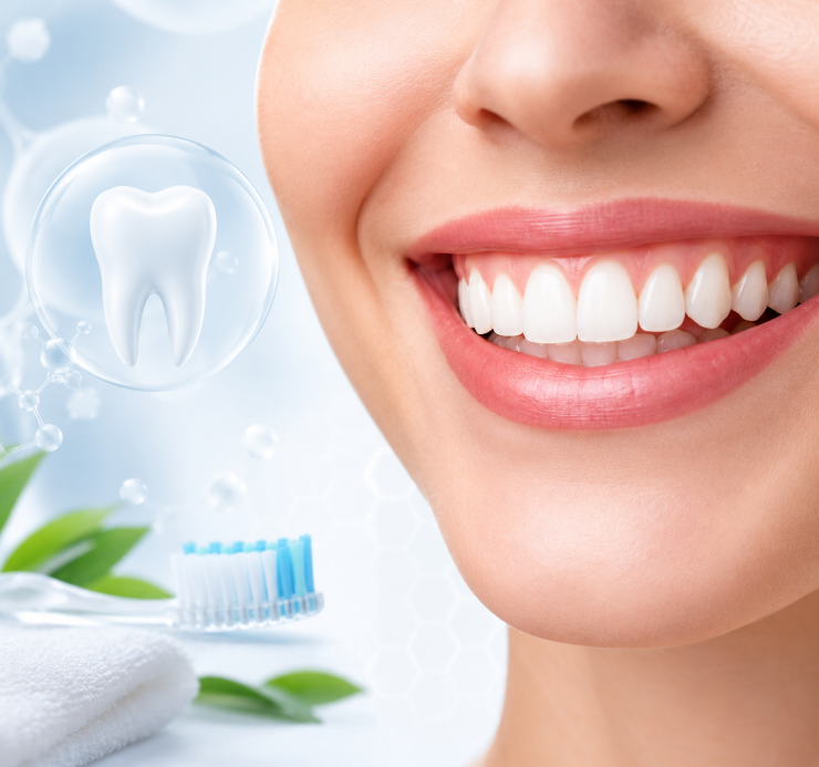 Healthy teeth and gums with toothbrush and dental care elements