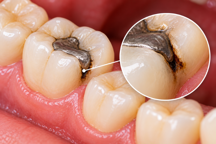 Close-up dental illustration of an old silver filling in a molar, with dark discolouration and possible tooth decay around the filling edges.